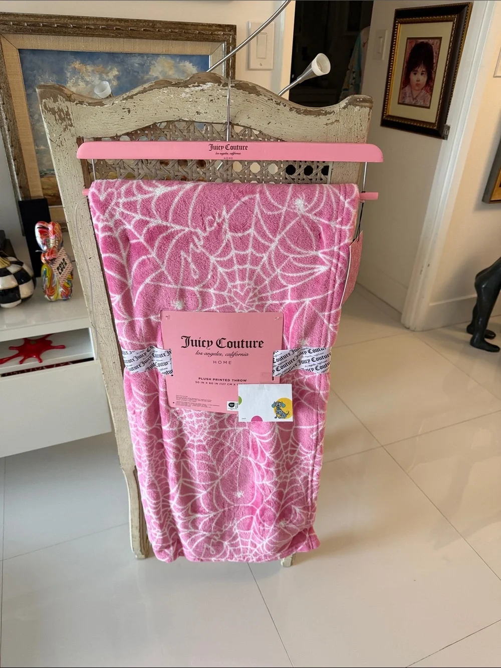 Juicy Couture Halloween Pink & White Spiderweb & Spiders Plush Throw Blanket